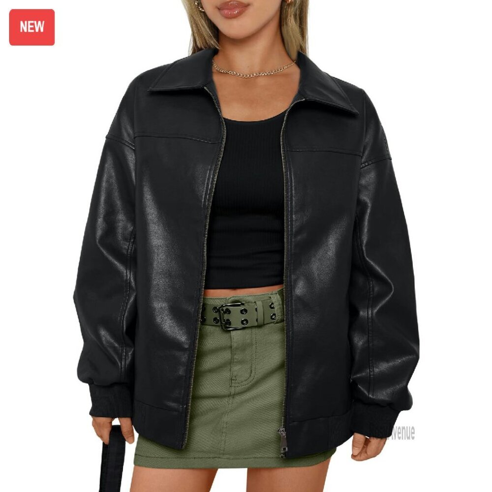 Oversized Faux Leather Bomber Jacket Women's Zip Up Coat Fall Winter